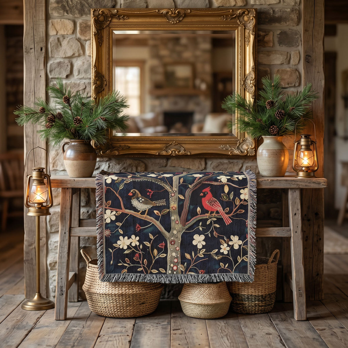 Cozy Songbird Blossom Woven Blanket | Cottage Bird & Floral Throw