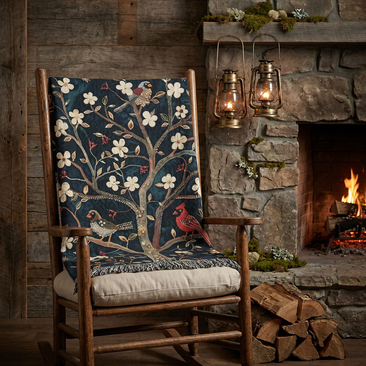 Cozy Songbird Blossom Woven Blanket | Cottage Bird & Floral Throw