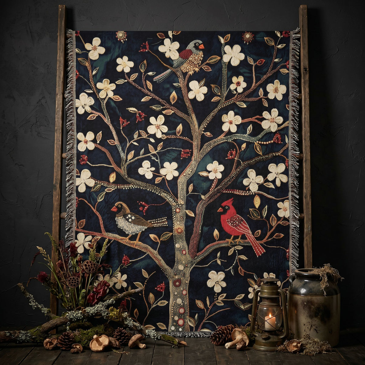 Cozy Songbird Blossom Woven Blanket | Cottage Bird & Floral Throw