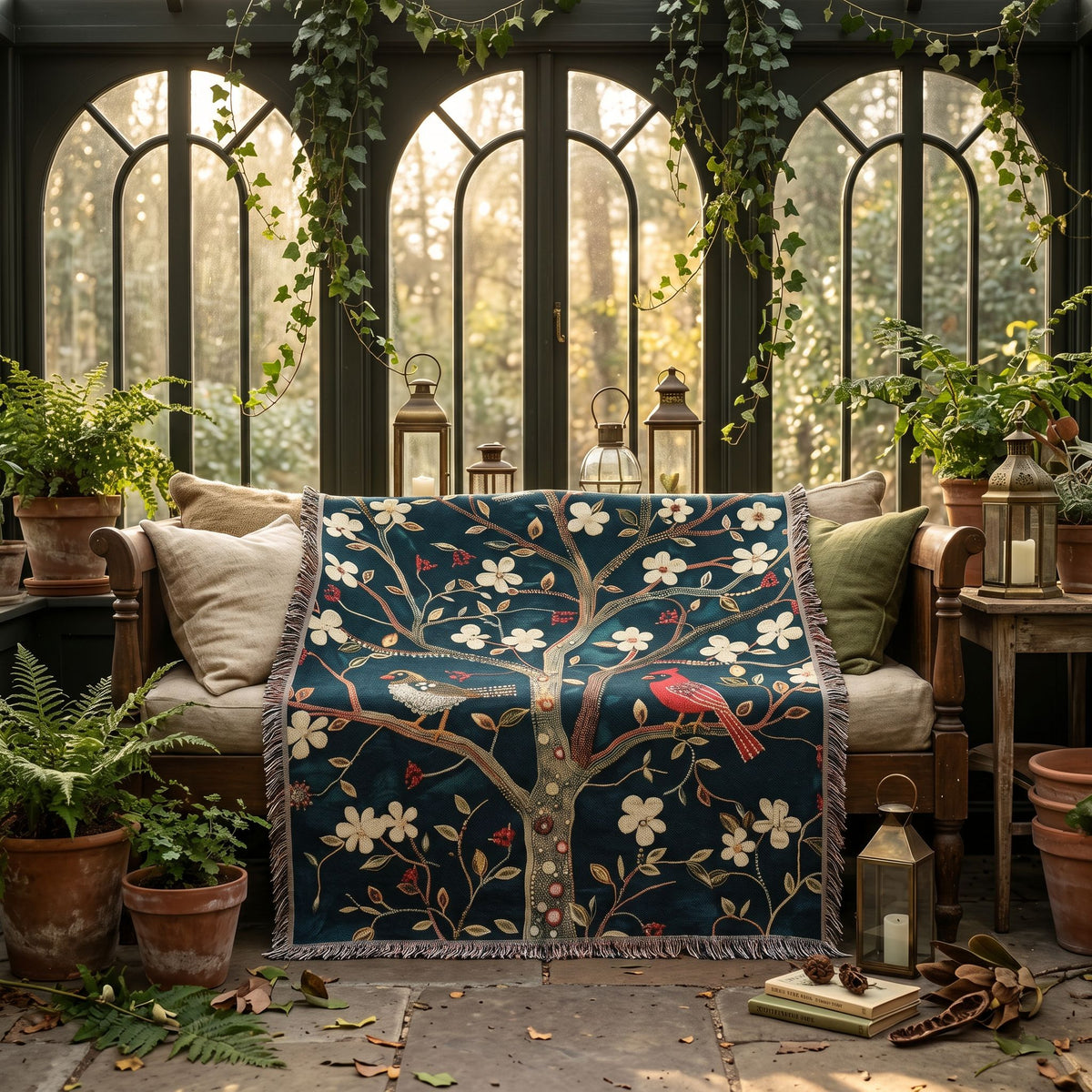 Cozy Songbird Blossom Woven Blanket | Cottage Bird & Floral Throw