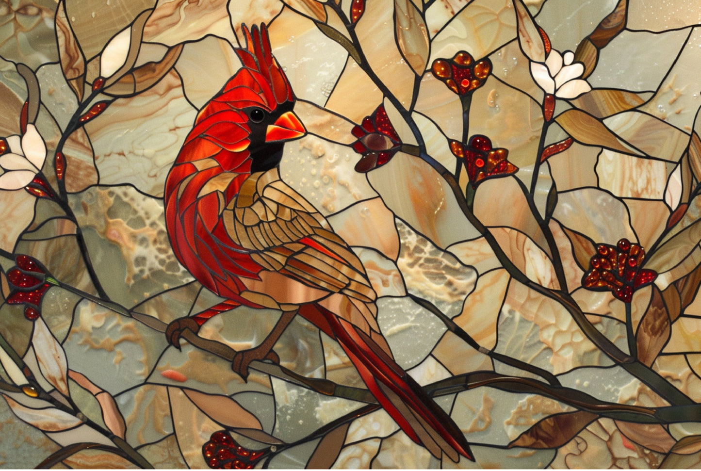 Cardinal Metal Kitchen Backsplash Panel, Stained Glass Look Bird Wall Art