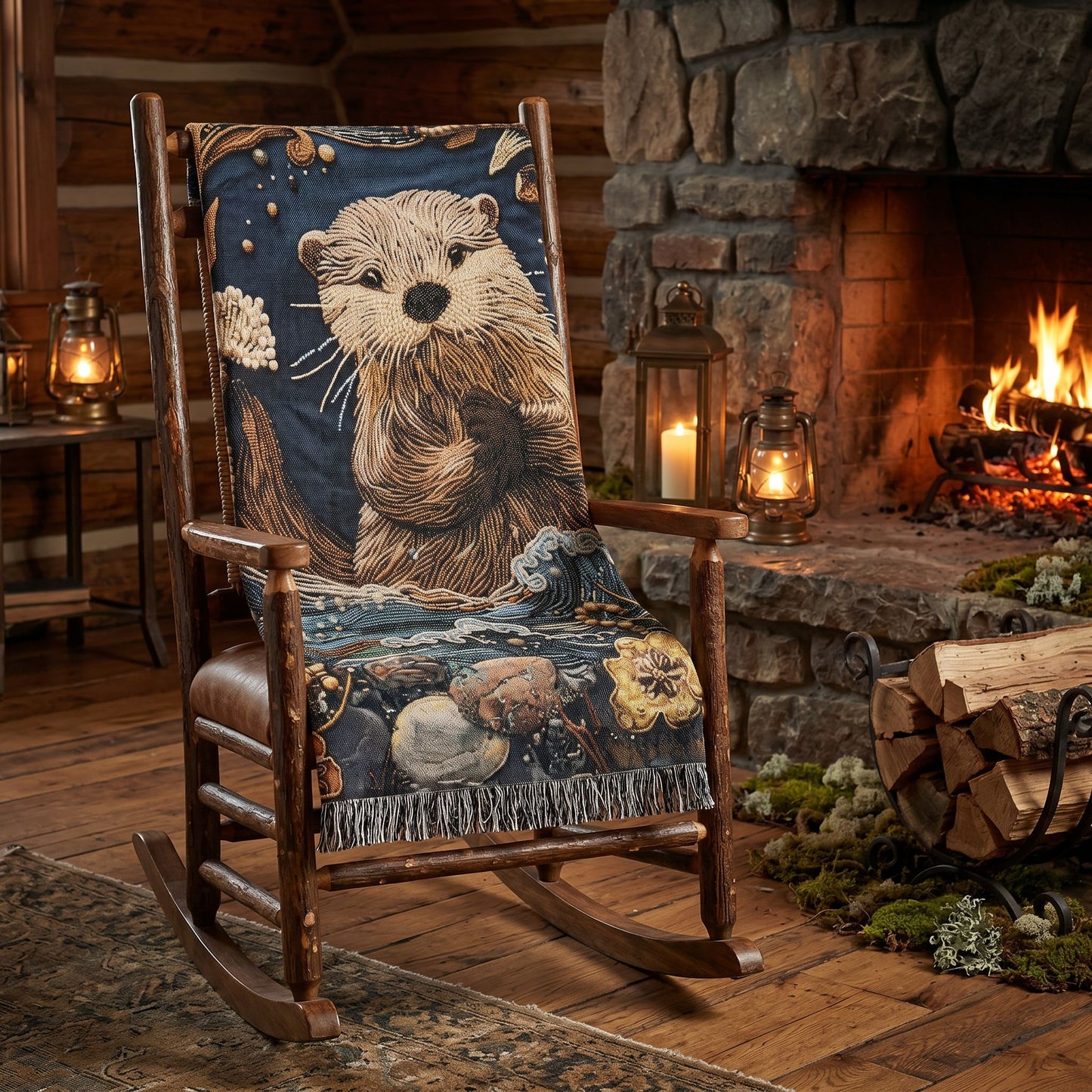 Cozy River Otter Woven Blanket | Woodland Stream Cottage Throw