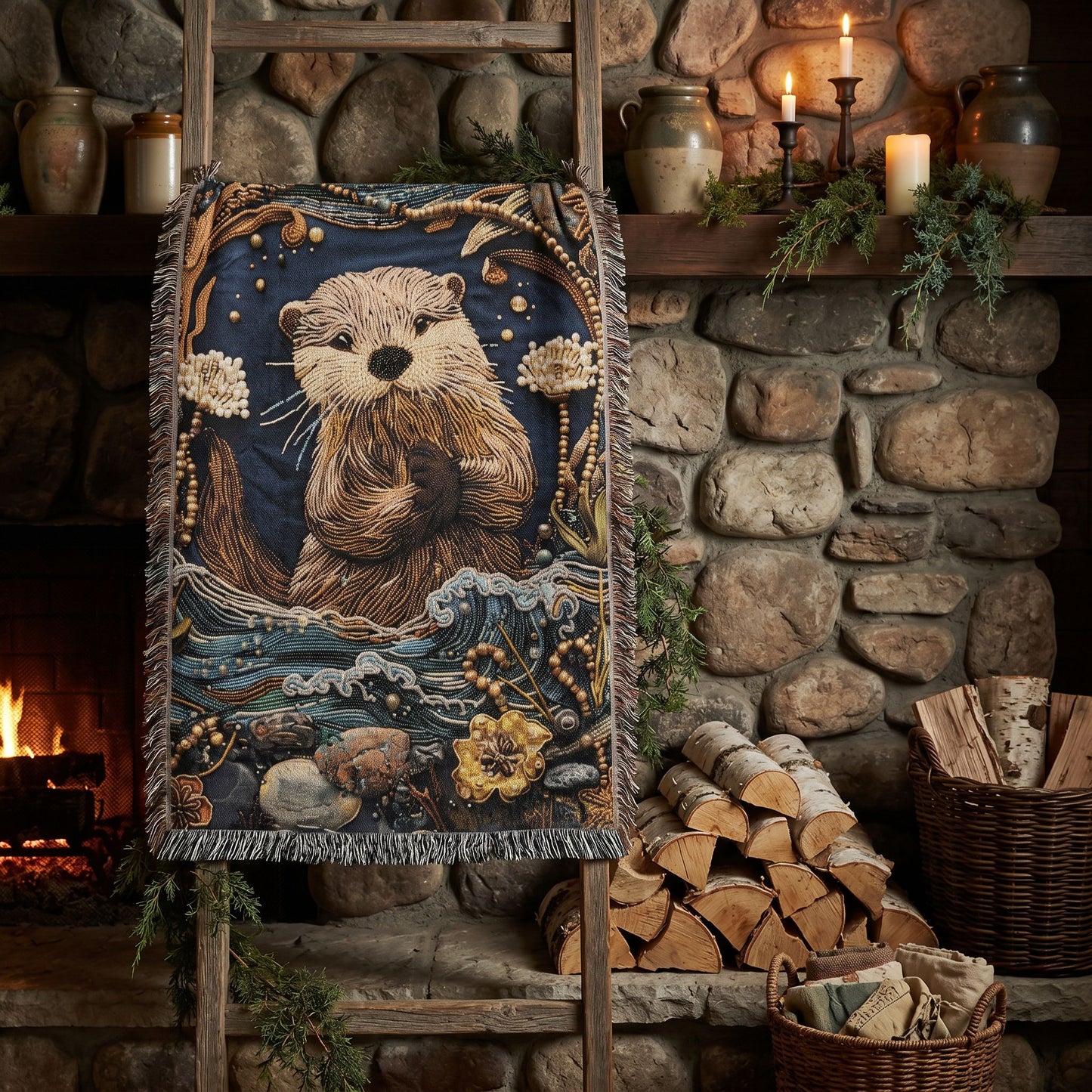Cozy River Otter Woven Blanket | Woodland Stream Cottage Throw