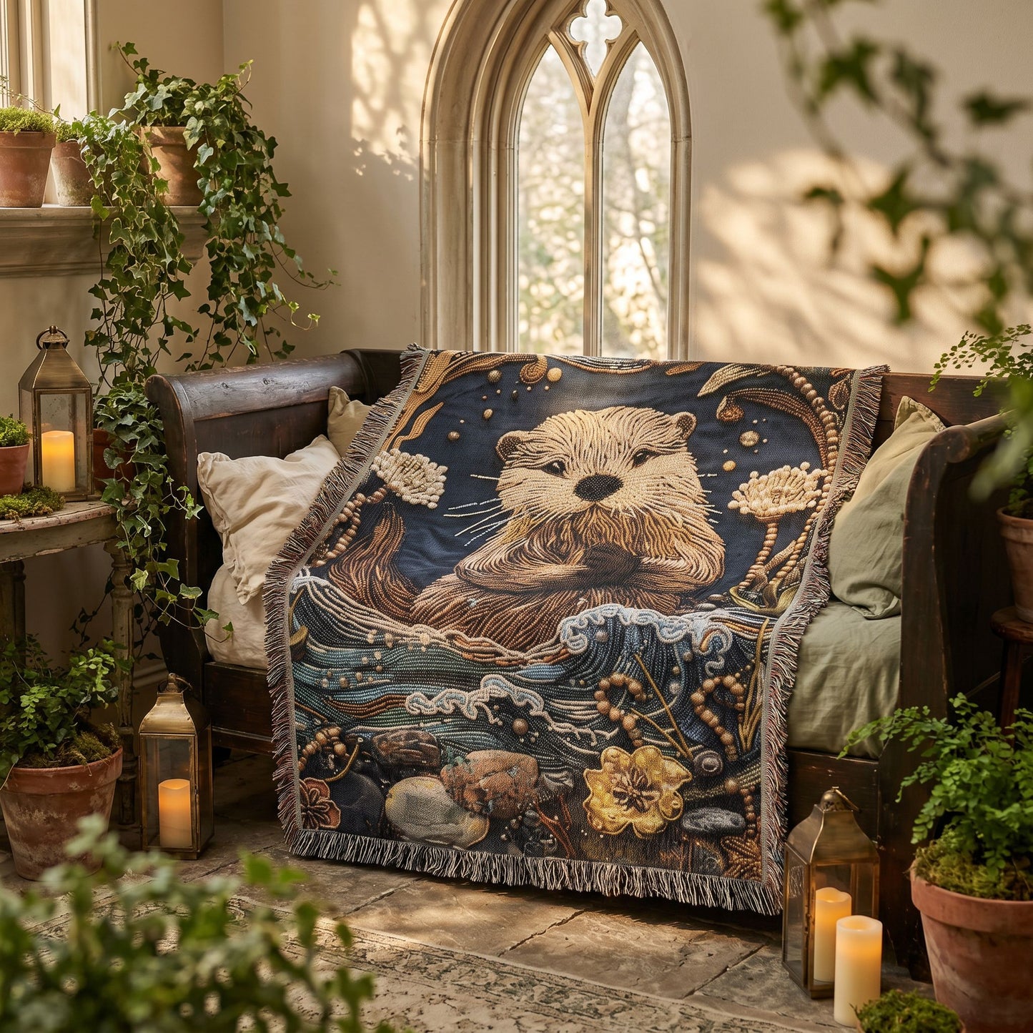 Cozy River Otter Woven Blanket | Woodland Stream Cottage Throw