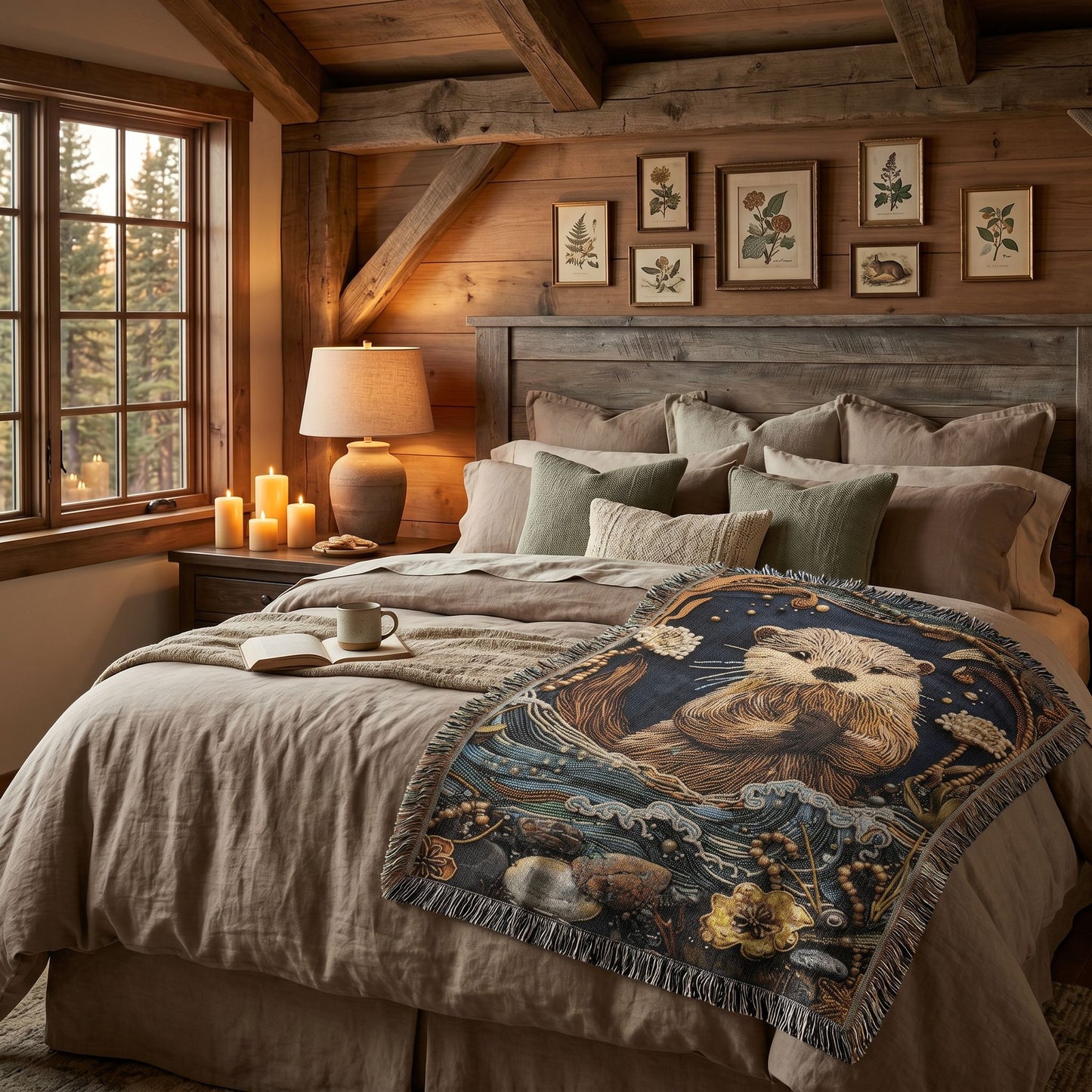 Cozy River Otter Woven Blanket | Woodland Stream Cottage Throw