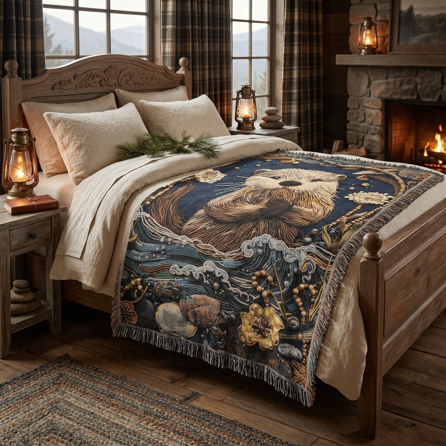 Cozy River Otter Woven Blanket | Woodland Stream Cottage Throw