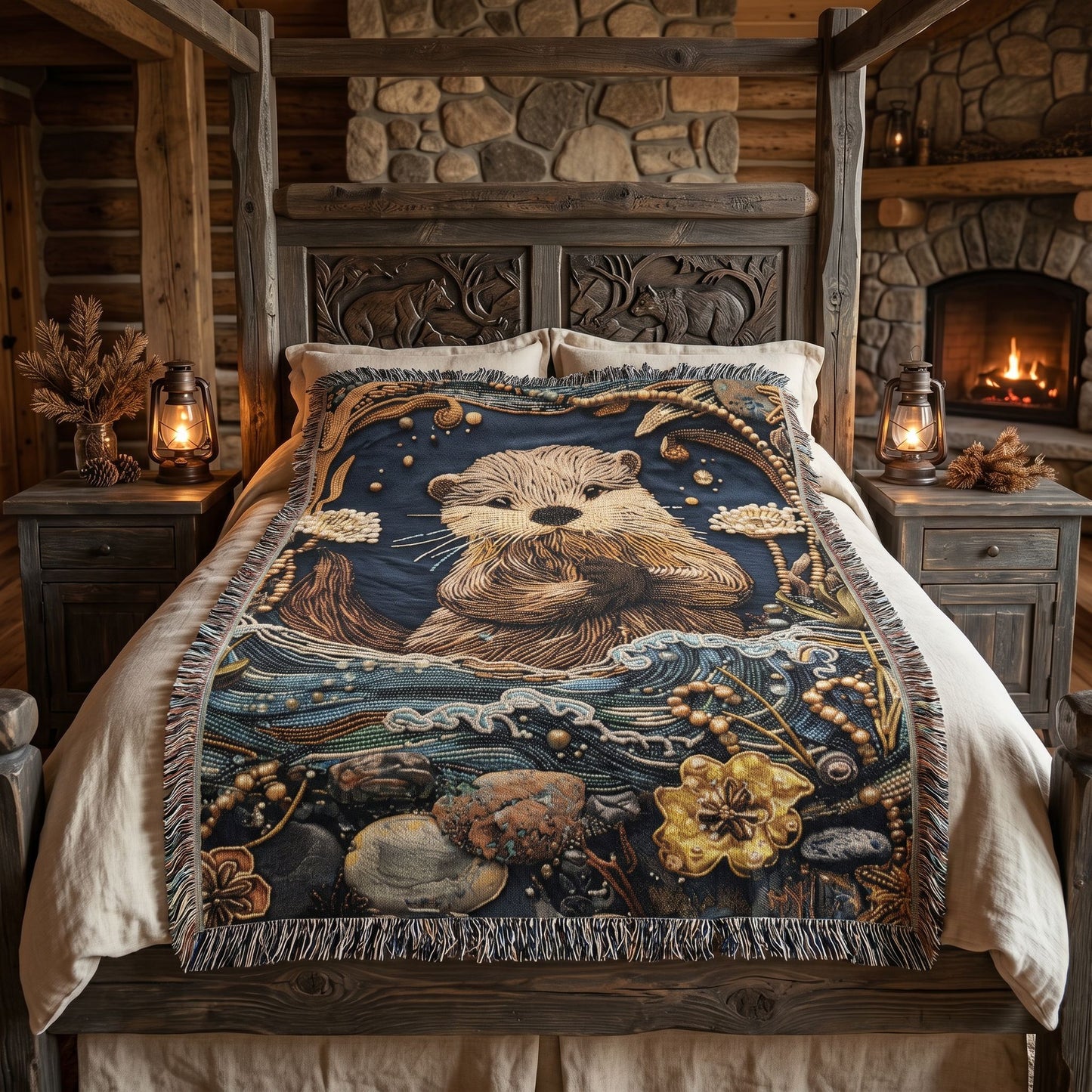 Cozy River Otter Woven Blanket | Woodland Stream Cottage Throw