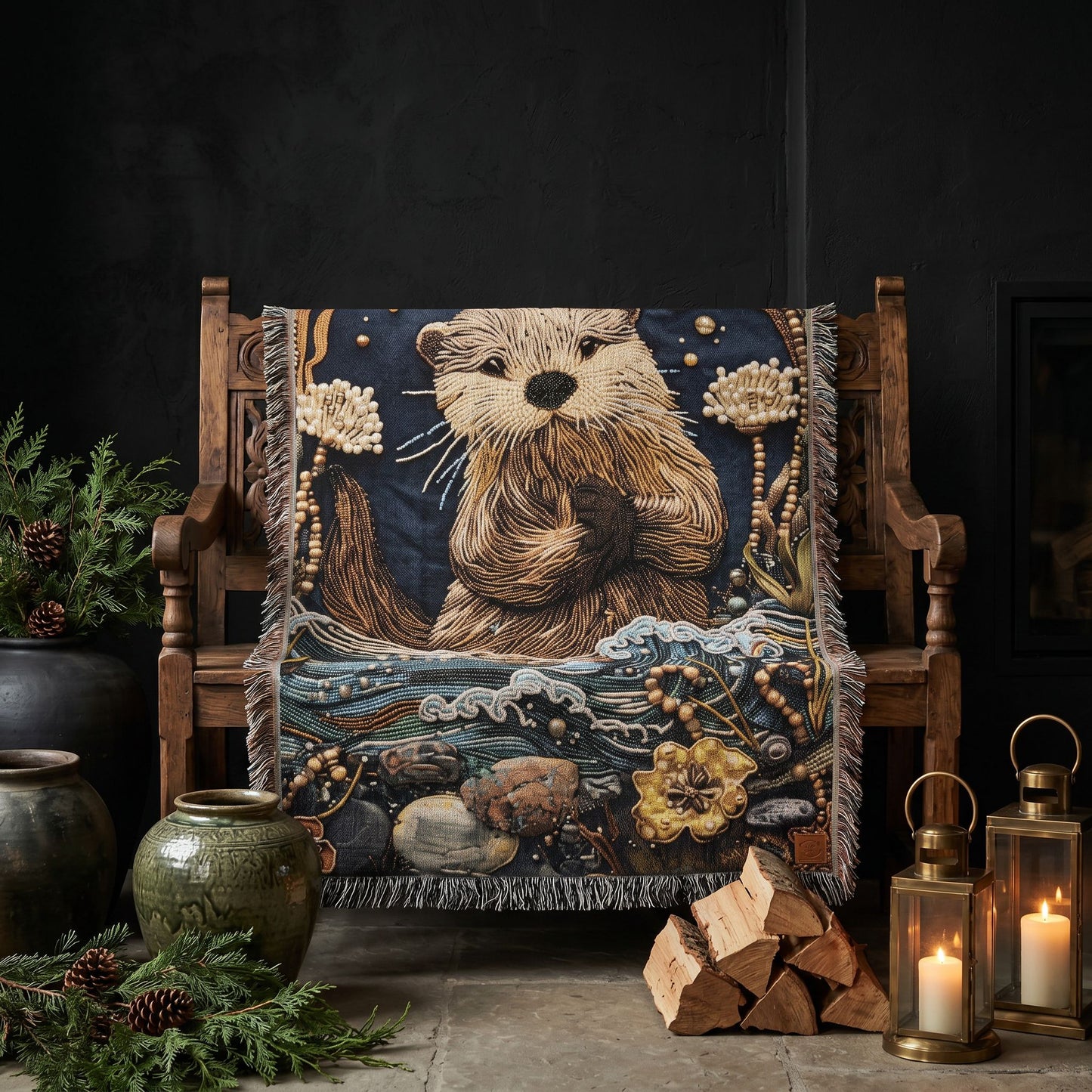 Cozy River Otter Woven Blanket | Woodland Stream Cottage Throw