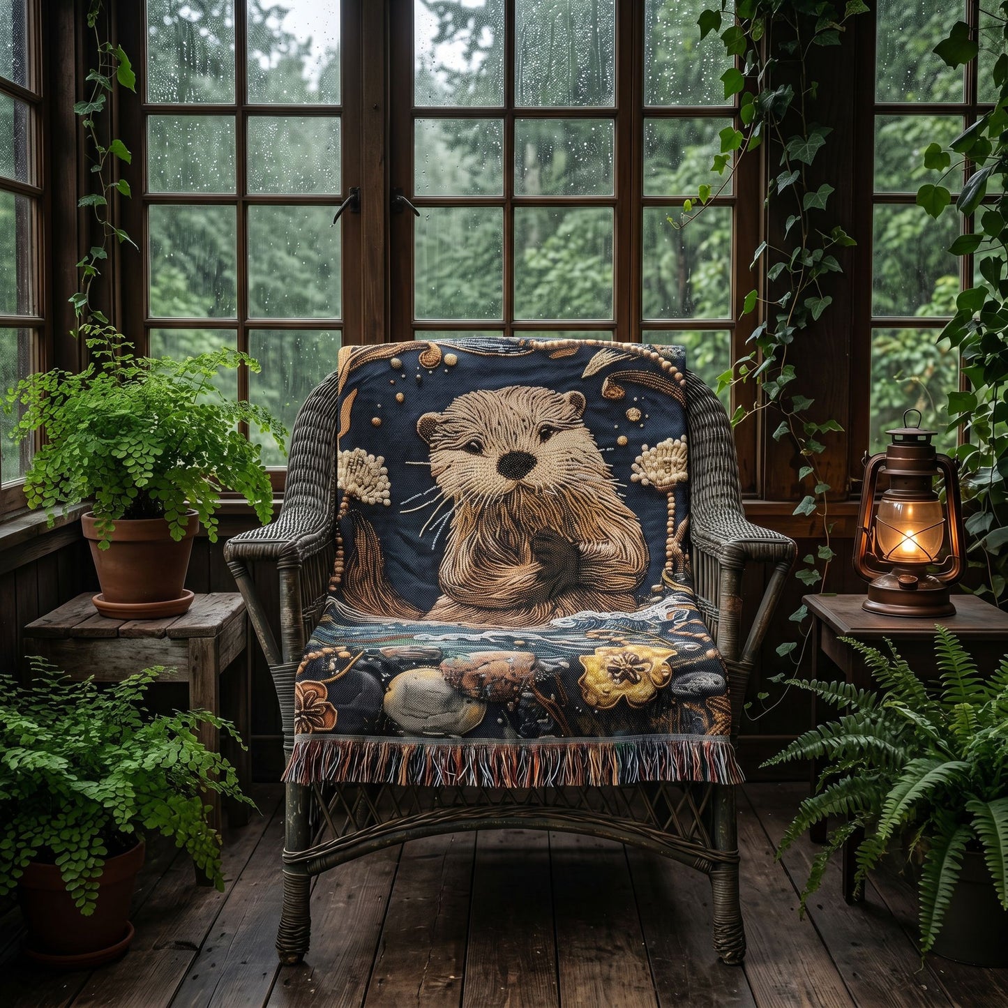 Cozy River Otter Woven Blanket | Woodland Stream Cottage Throw