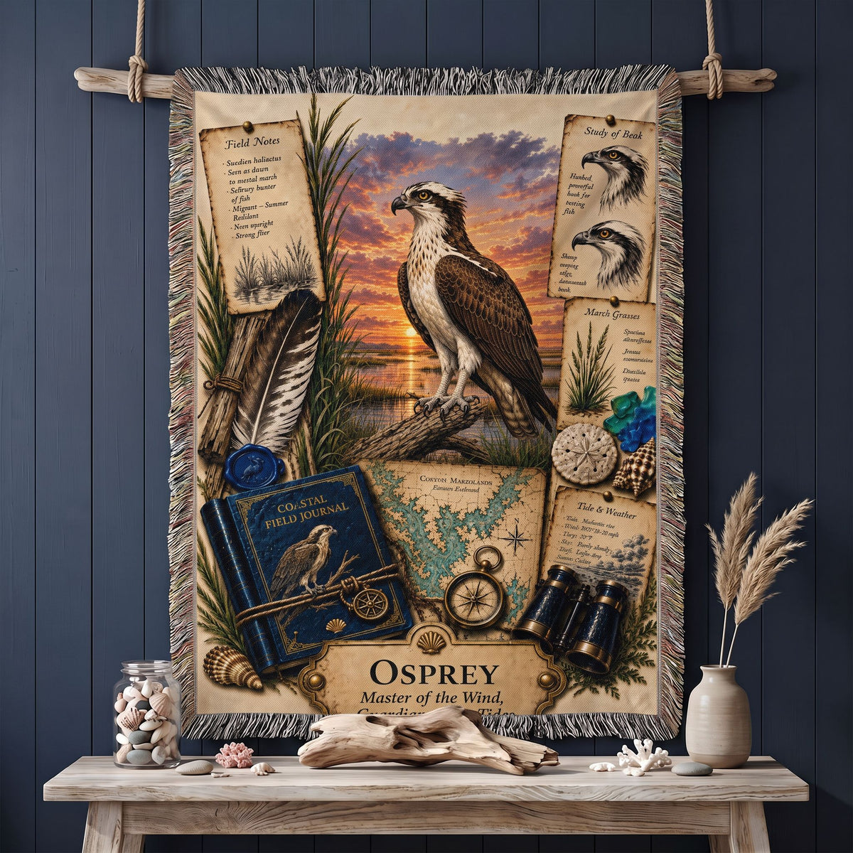 Osprey Woven Throw Blanket | Coastal Bird Decor | Cotton Tapestry Throw | Naturalist Journal Gift