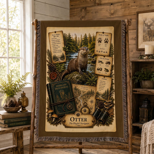 Otter Woven Throw Blanket | Woodland Animal Decor | Cotton Tapestry Throw | Naturalist Journal Gift
