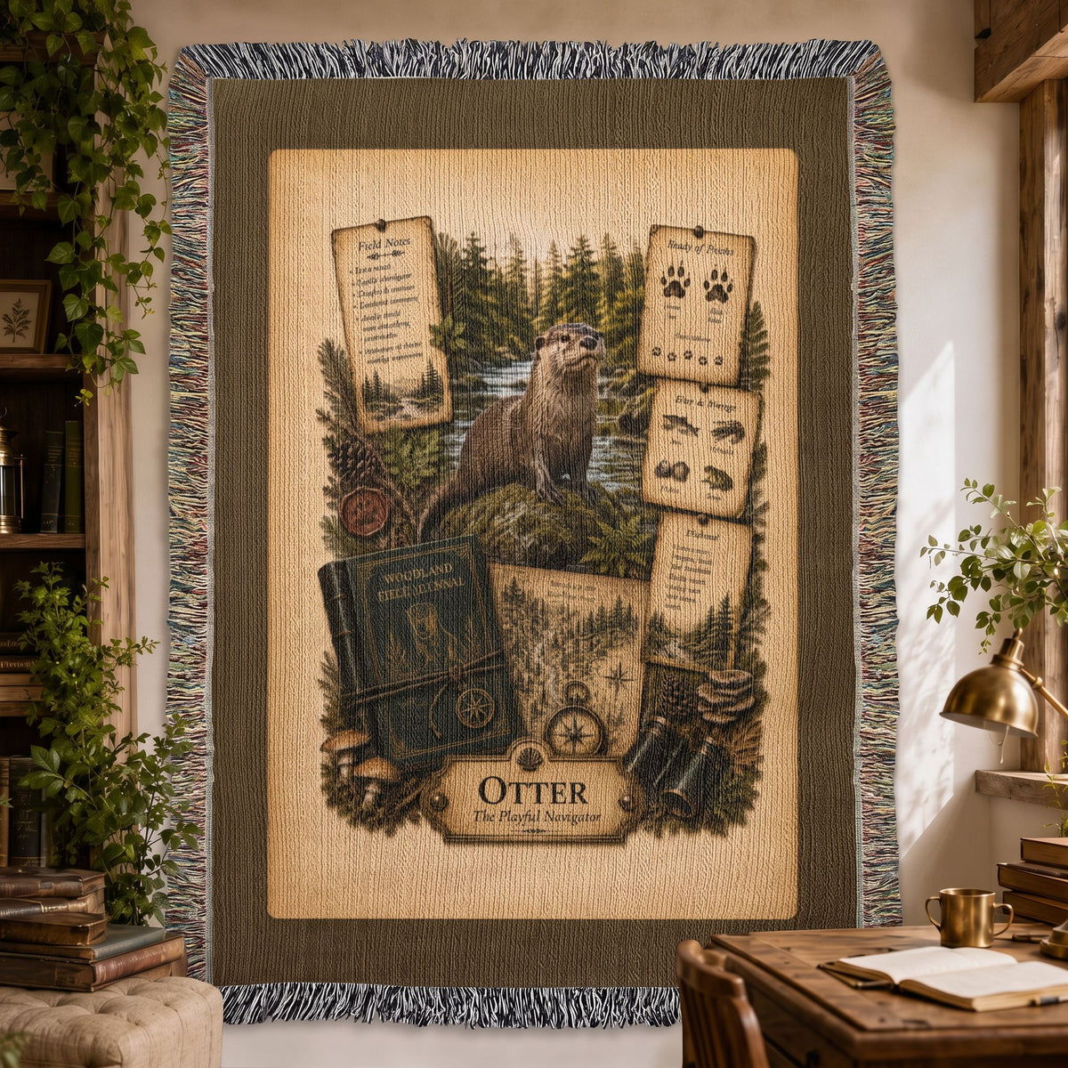 Otter Woven Throw Blanket | Woodland Animal Decor | Cotton Tapestry Throw | Naturalist Journal Gift