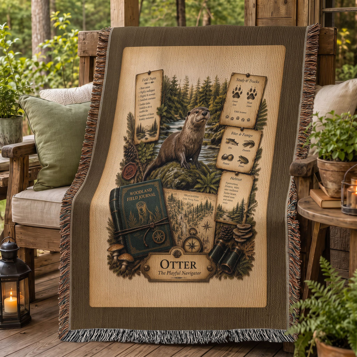Otter Woven Throw Blanket | Woodland Animal Decor | Cotton Tapestry Throw | Naturalist Journal Gift