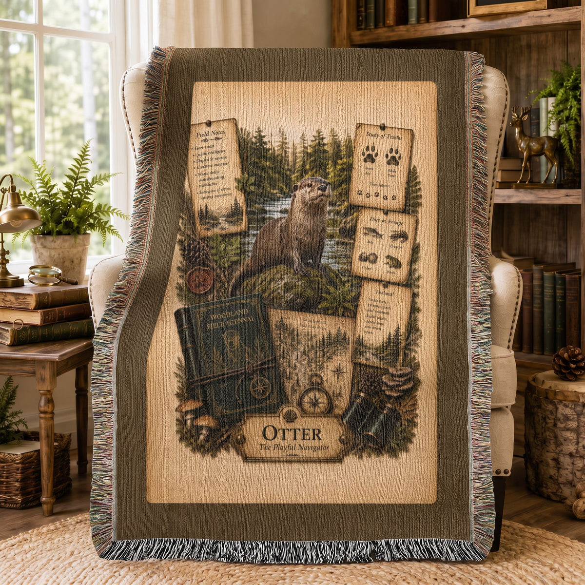 Otter Woven Throw Blanket | Woodland Animal Decor | Cotton Tapestry Throw | Naturalist Journal Gift