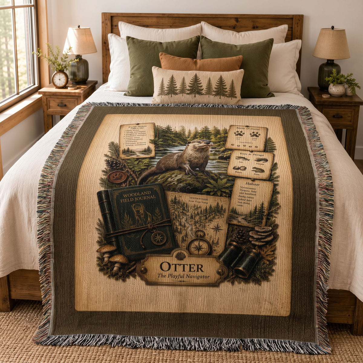 Otter Woven Throw Blanket | Woodland Animal Decor | Cotton Tapestry Throw | Naturalist Journal Gift