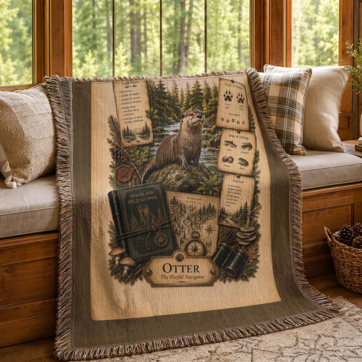 Otter Woven Throw Blanket | Woodland Animal Decor | Cotton Tapestry Throw | Naturalist Journal Gift
