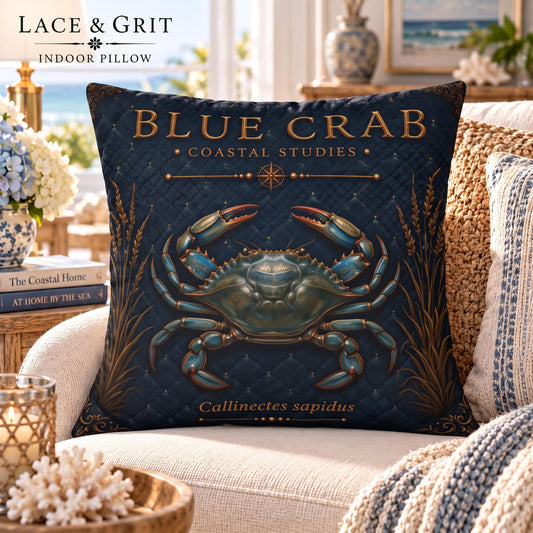 Blue Crab Pillow | Indoor Faux Suede & Outdoor | Coastal Decor | Lace & Grit