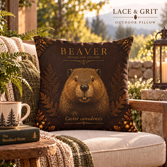 Beaver Outdoor Pillow – Woodland Patio Decor | Lace & Grit