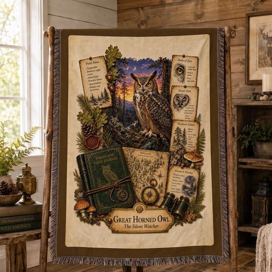 Great Horned Owl Woven Throw Blanket | Woodland Animal Decor | Cotton Tapestry Throw | Naturalist Journal Gift