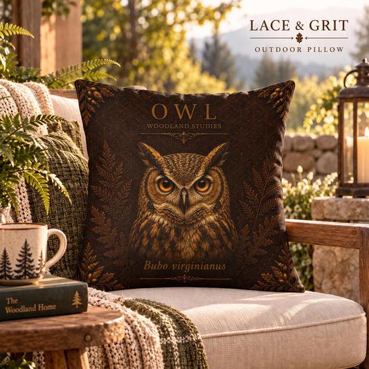 Owl Outdoor Pillow | Woodland Patio Decor | Lace & Grit