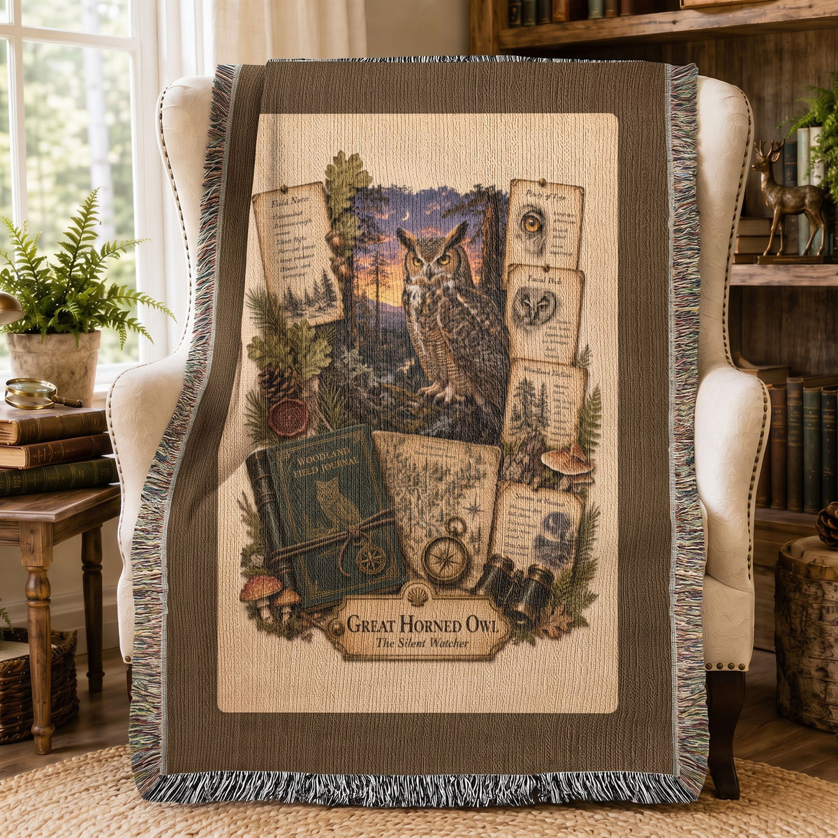 Great Horned Owl Woven Throw Blanket | Woodland Animal Decor | Cotton Tapestry Throw | Naturalist Journal Gift