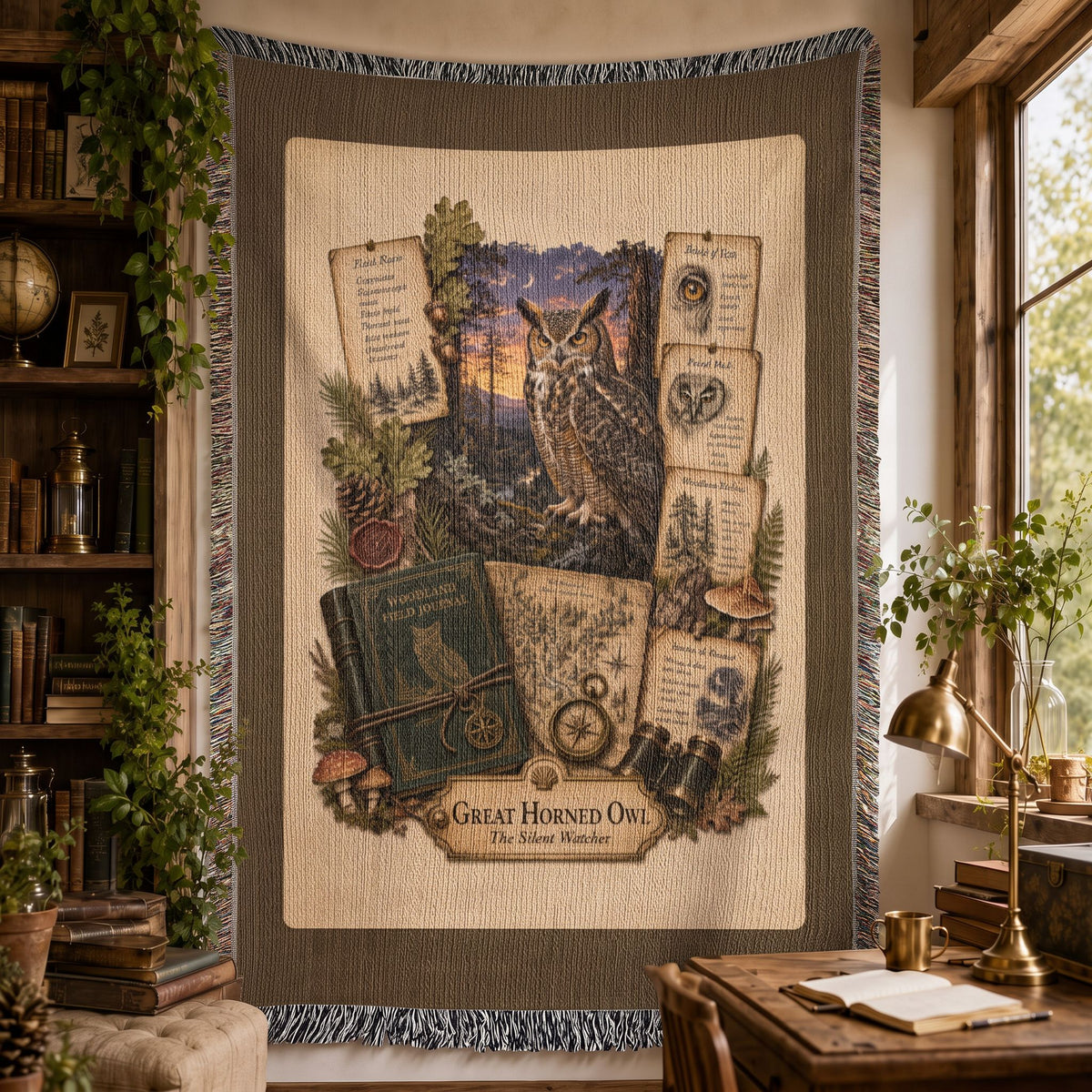 Great Horned Owl Woven Throw Blanket | Woodland Animal Decor | Cotton Tapestry Throw | Naturalist Journal Gift