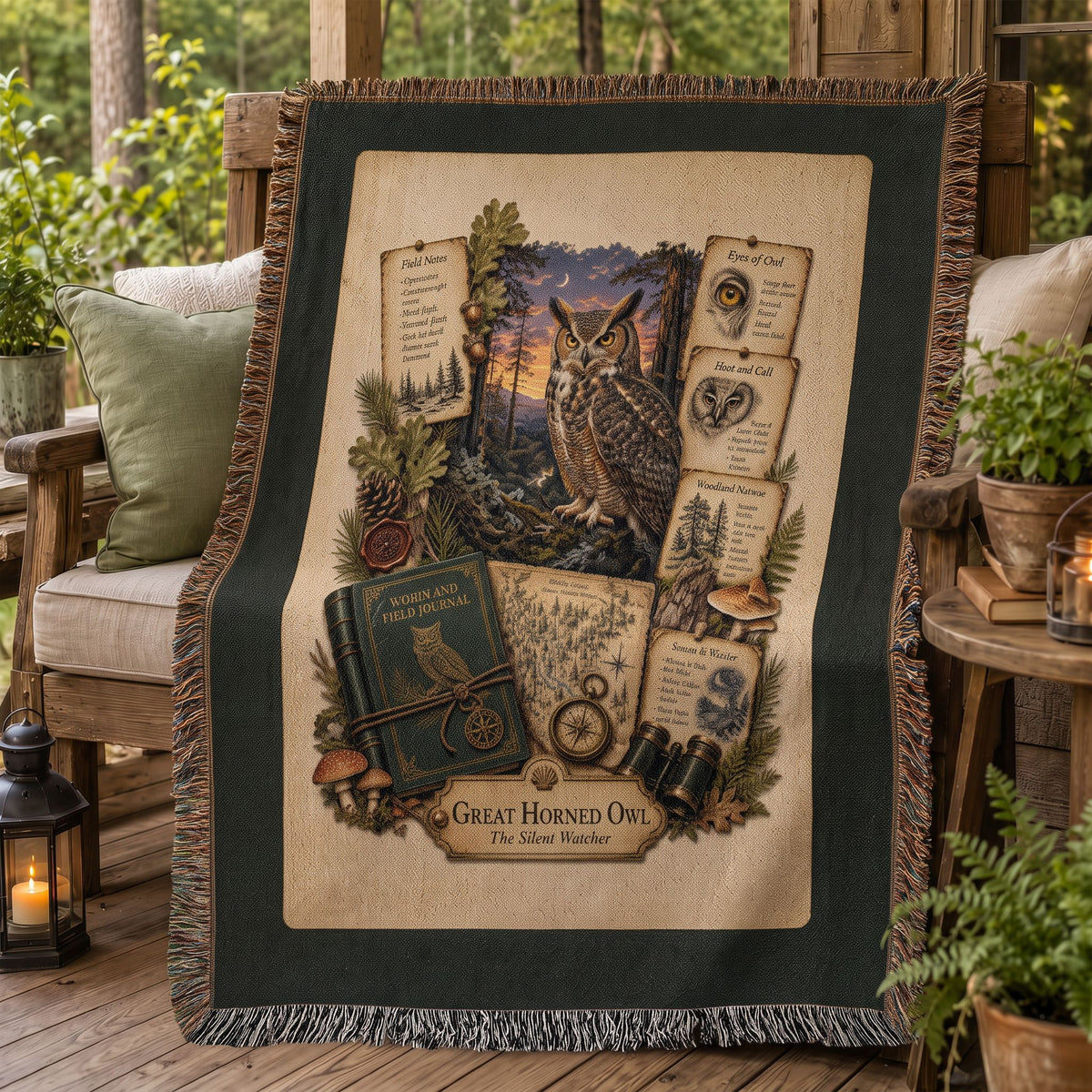 Great Horned Owl Woven Throw Blanket | Woodland Animal Decor | Cotton Tapestry Throw | Naturalist Journal Gift