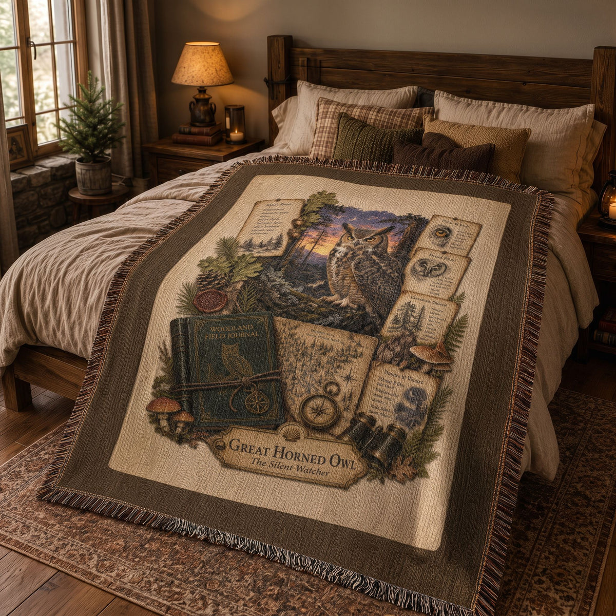 Great Horned Owl Woven Throw Blanket | Woodland Animal Decor | Cotton Tapestry Throw | Naturalist Journal Gift
