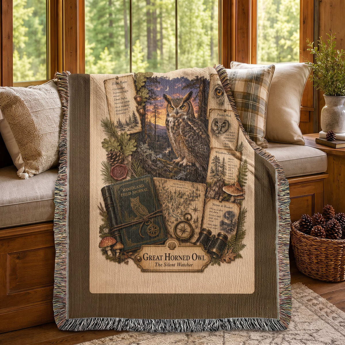 Great Horned Owl Woven Throw Blanket | Woodland Animal Decor | Cotton Tapestry Throw | Naturalist Journal Gift