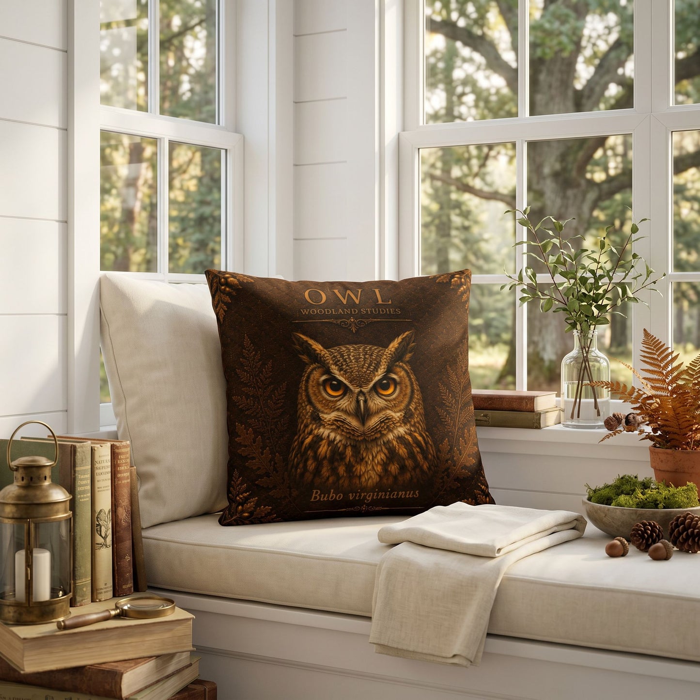 Owl Woodland Pillow, Rustic Throw Pillow, Cabin Decor Cushion, Lodge Style Accent, Wildlife Home Decor