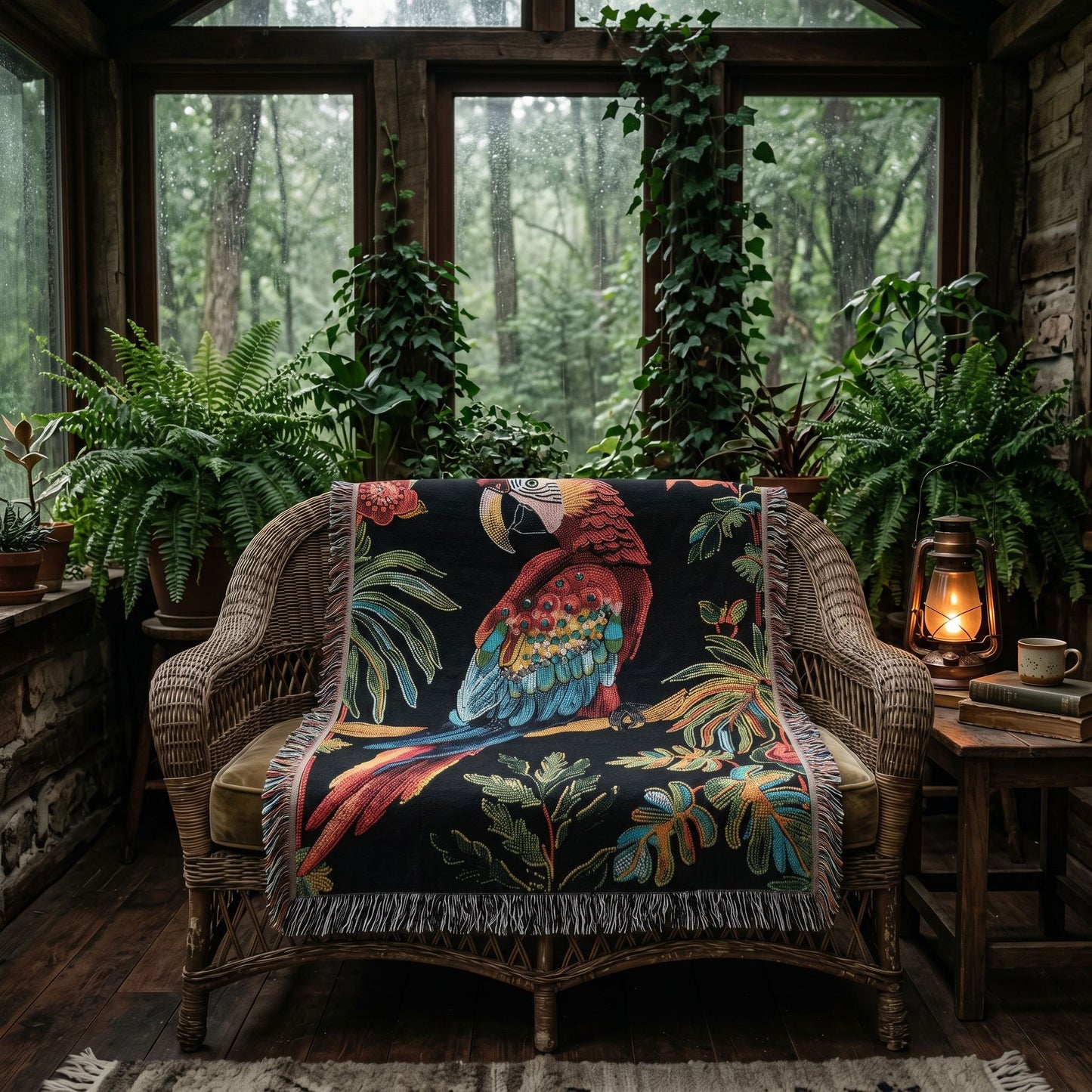 Beaded Look Scarlet Macaw Woven Blanket | Cozy Creature Decor