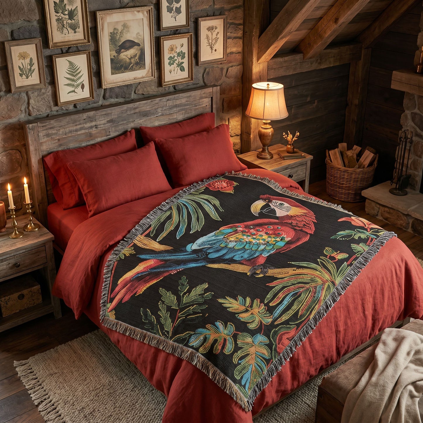 Beaded Look Scarlet Macaw Woven Blanket | Cozy Creature Decor