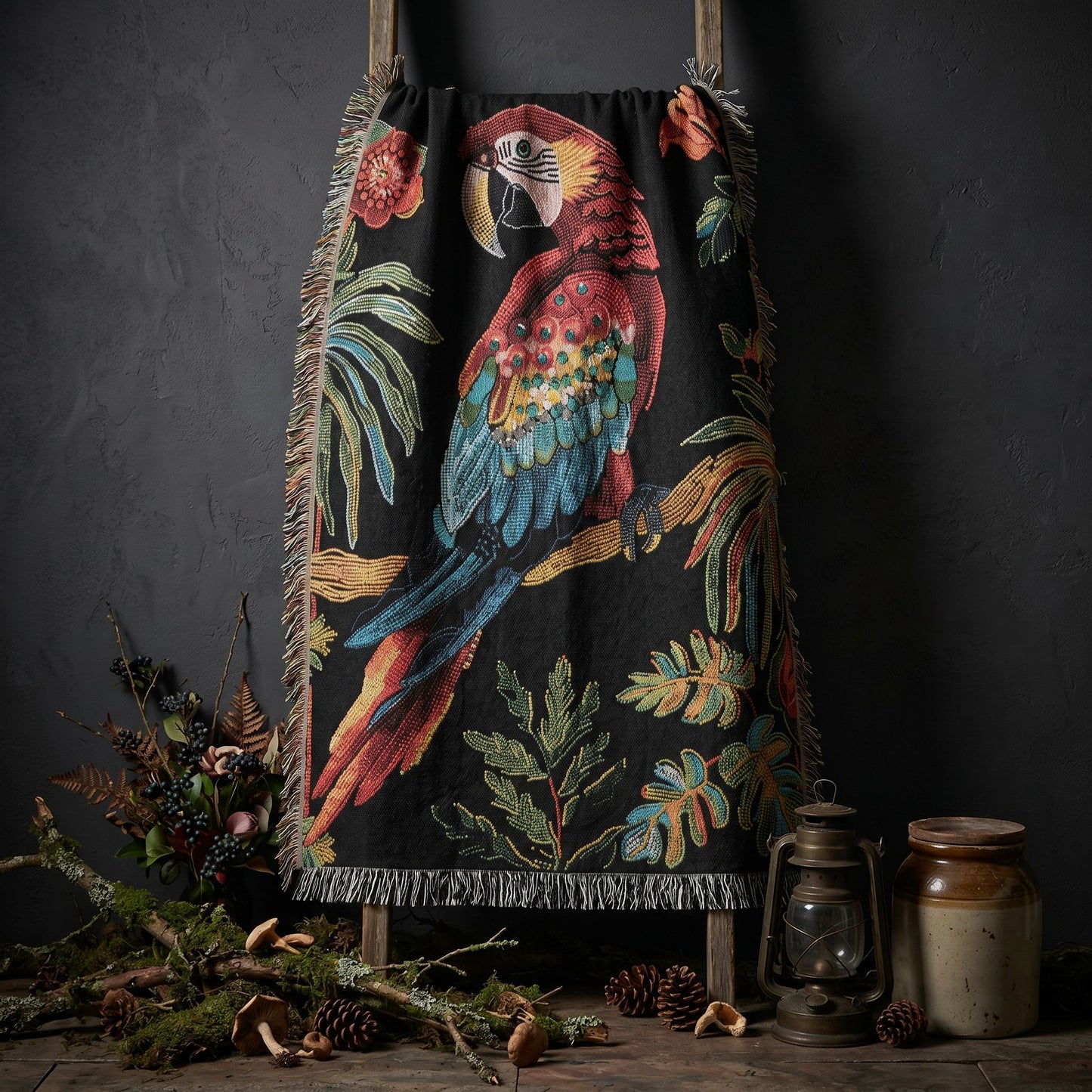 Beaded Look Scarlet Macaw Woven Blanket | Cozy Creature Decor
