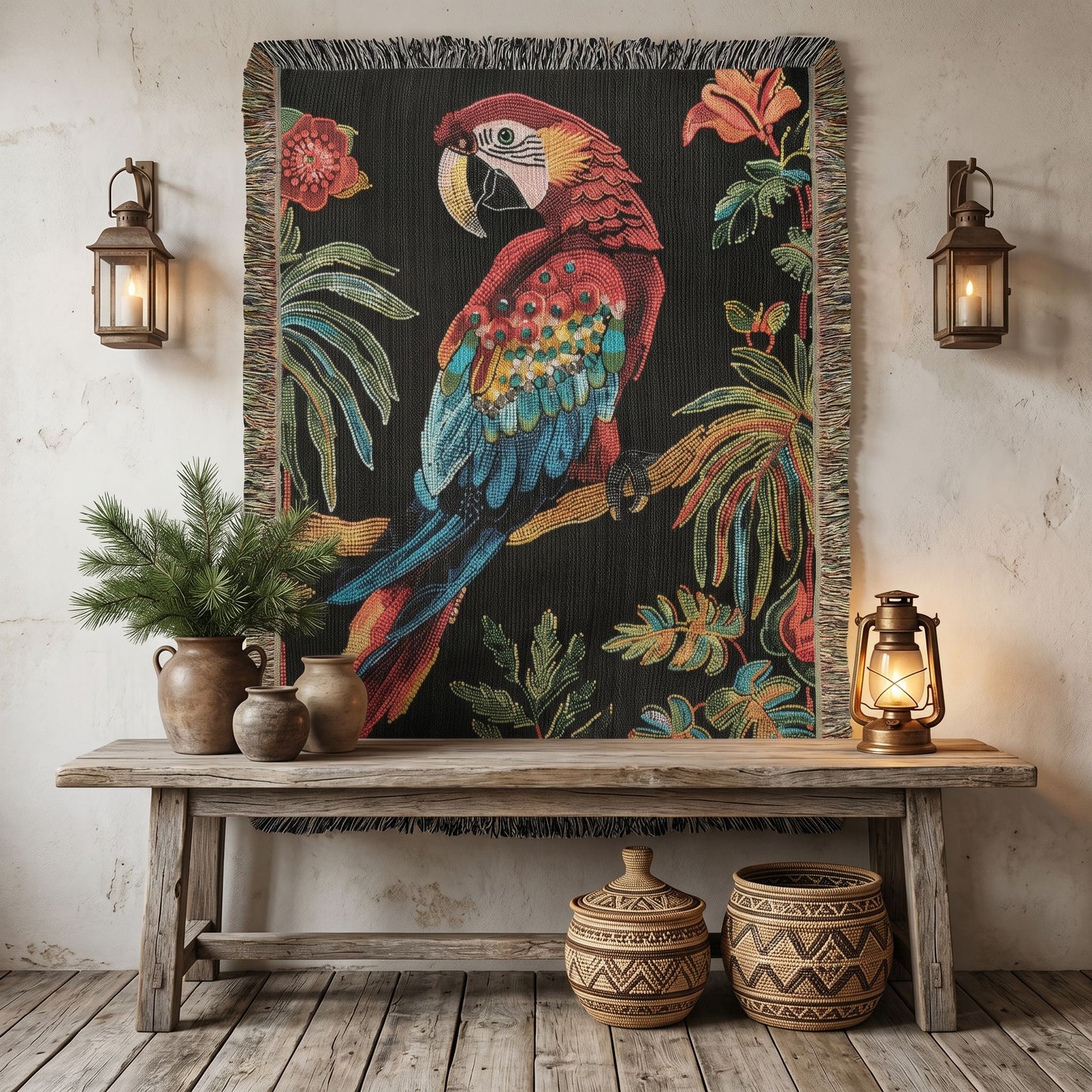 Beaded Look Scarlet Macaw Woven Blanket | Cozy Creature Decor