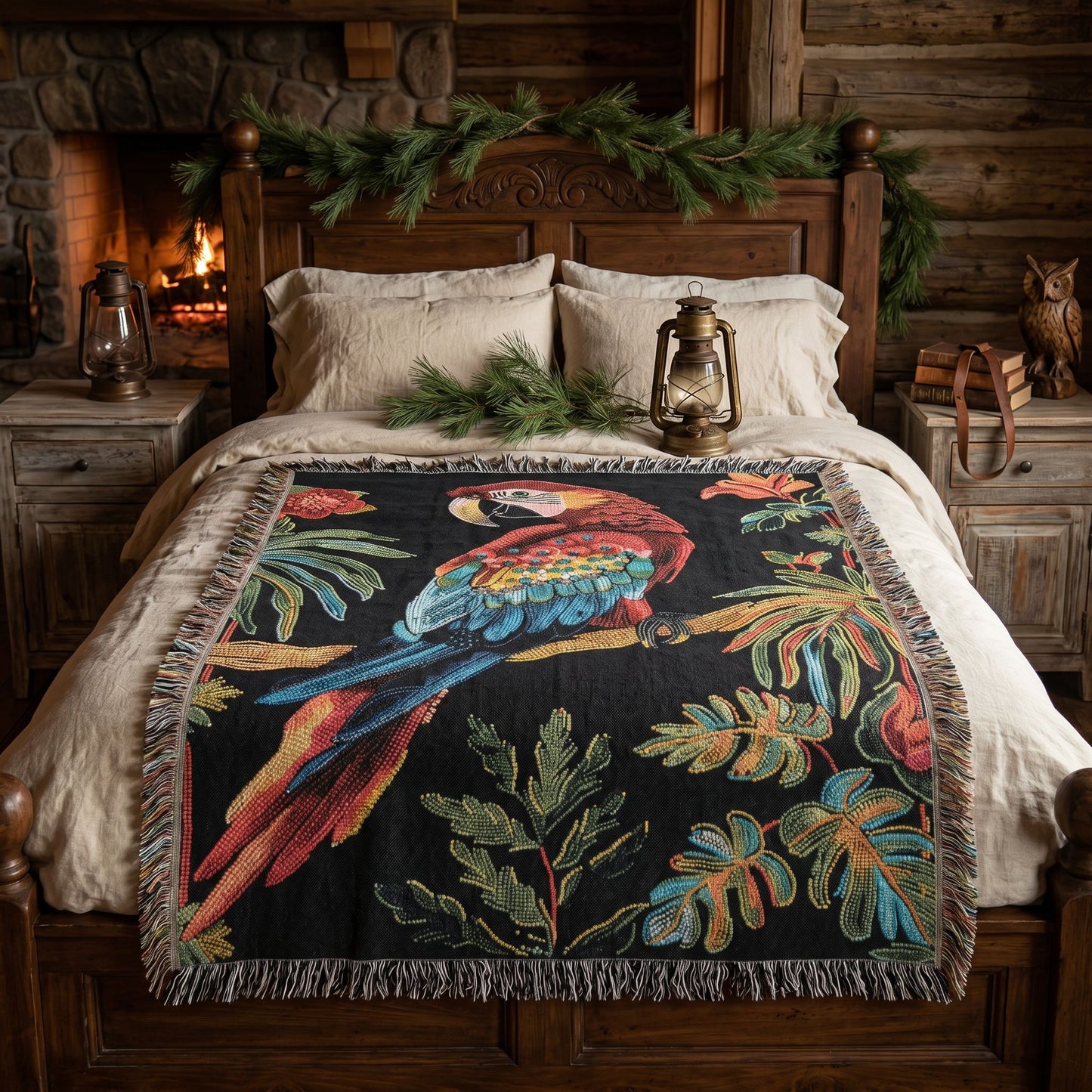Beaded Look Scarlet Macaw Woven Blanket | Cozy Creature Decor