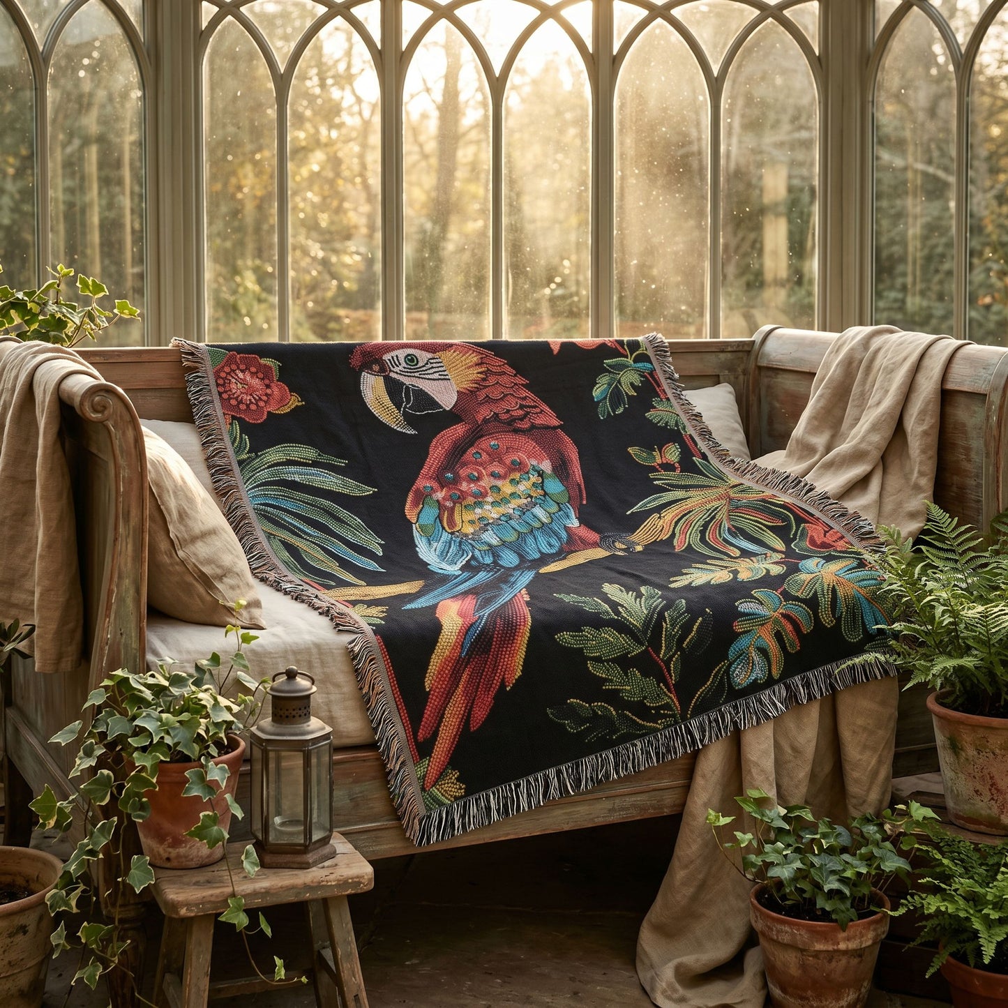 Beaded Look Scarlet Macaw Woven Blanket | Cozy Creature Decor