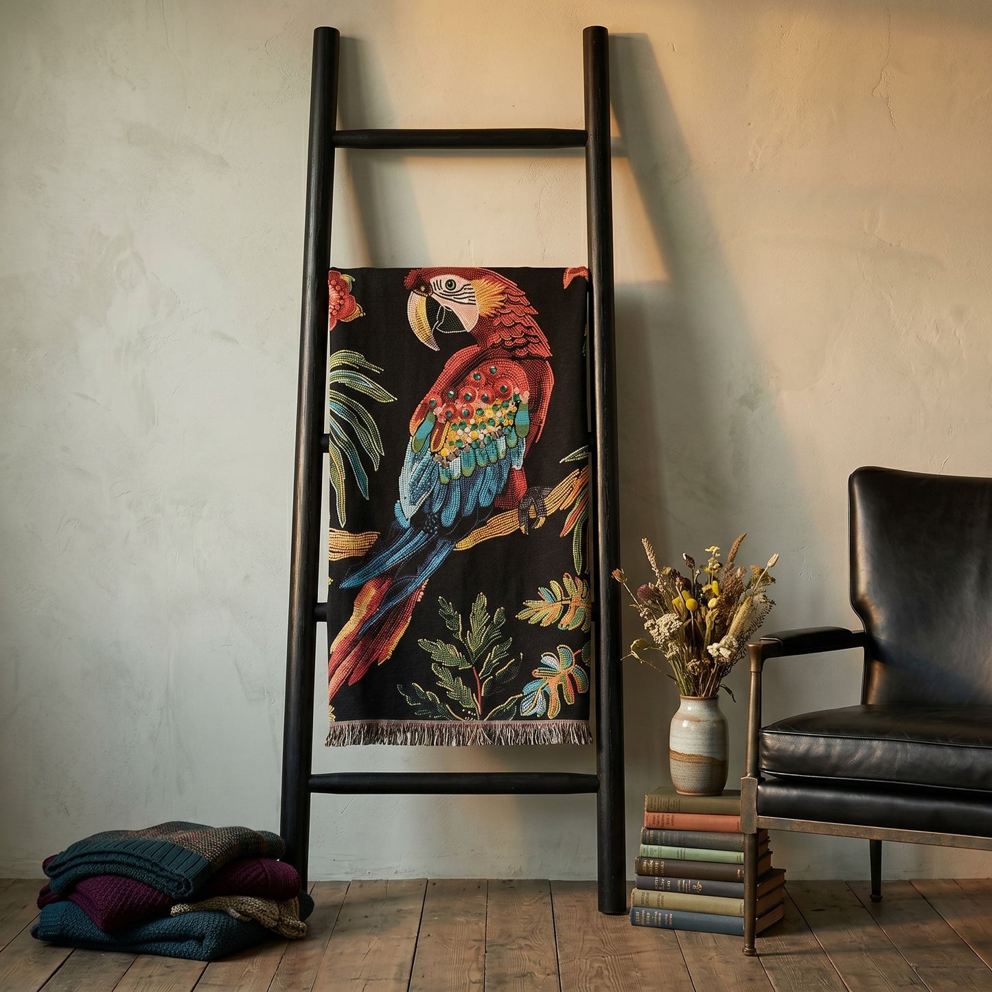 Beaded Look Scarlet Macaw Woven Blanket | Cozy Creature Decor