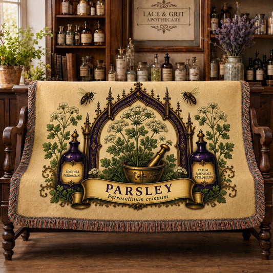 Parsley Woven Throw Blanket | Botanical Apothecary Decor | Cotton Tapestry Throw | English Cottage Herbal Gift