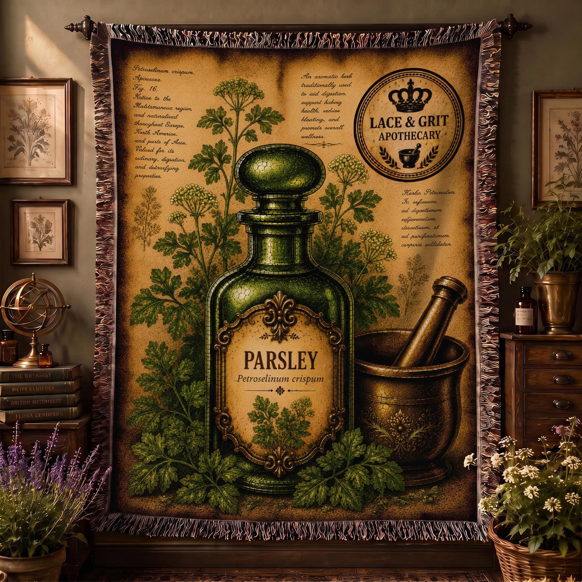 Parsley Woven Throw Blanket, Botanical Apothecary Decor, Cotton Tapestry Throw, English Cottage Herbal Gift