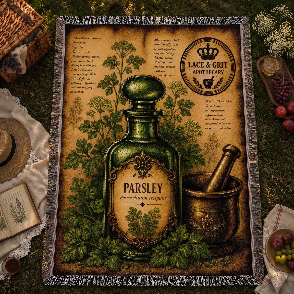 Parsley Woven Throw Blanket, Botanical Apothecary Decor, Cotton Tapestry Throw, English Cottage Herbal Gift