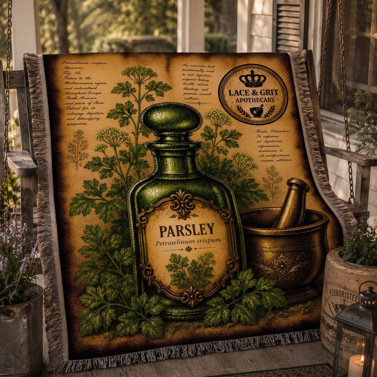 Parsley Woven Throw Blanket, Botanical Apothecary Decor, Cotton Tapestry Throw, English Cottage Herbal Gift