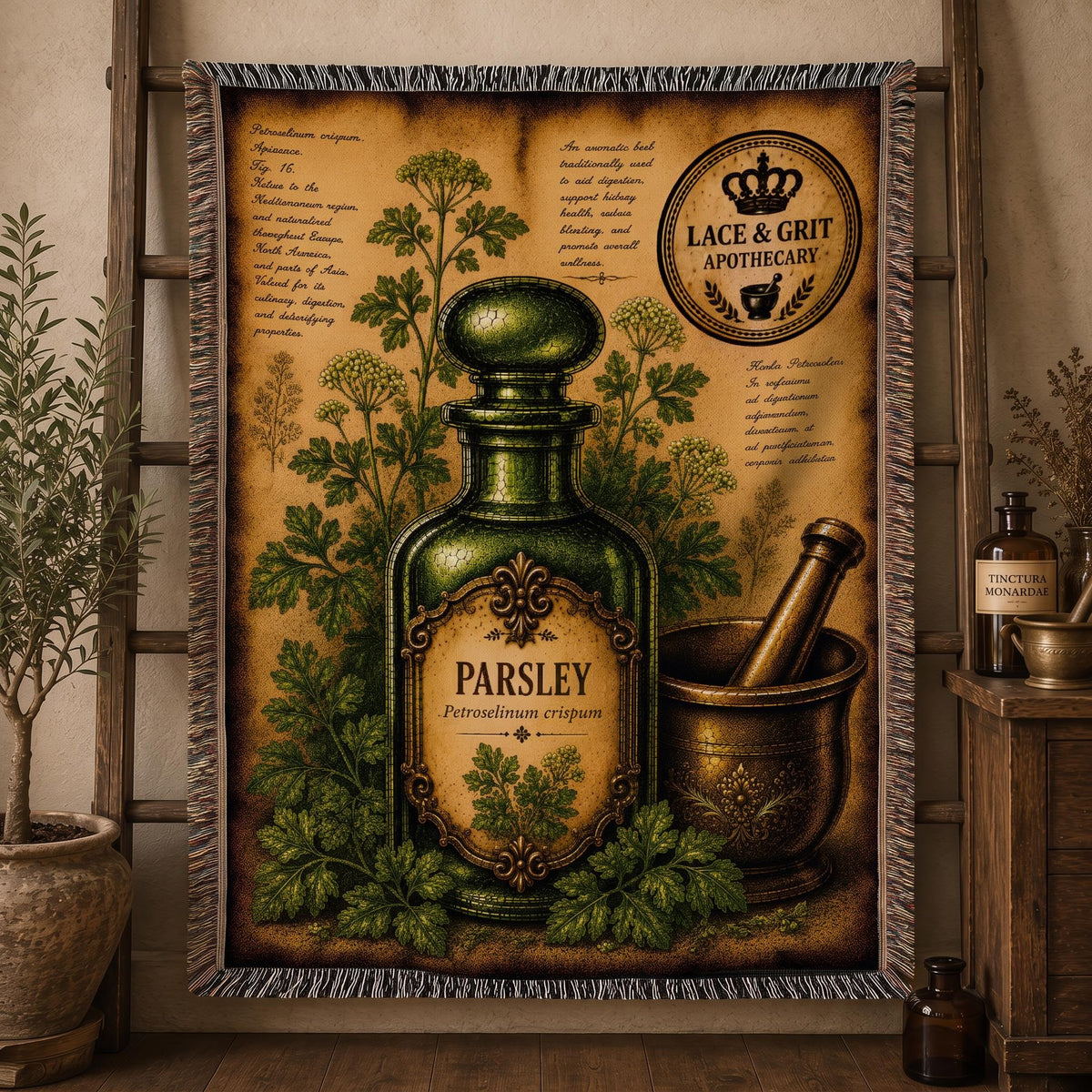 Parsley Woven Throw Blanket, Botanical Apothecary Decor, Cotton Tapestry Throw, English Cottage Herbal Gift