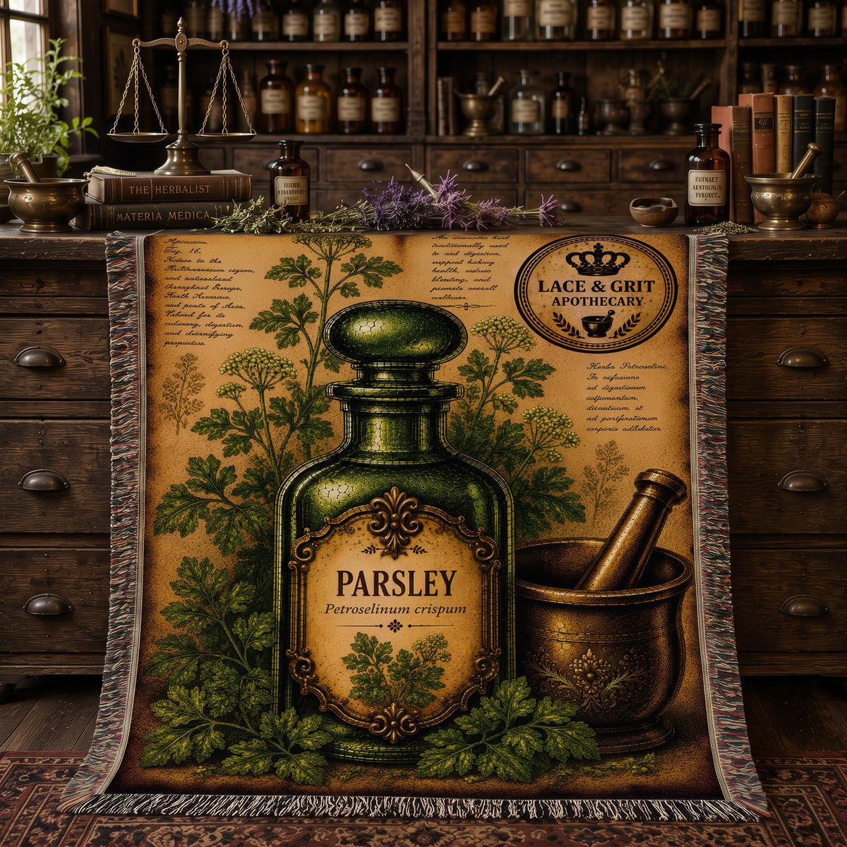 Parsley Woven Throw Blanket, Botanical Apothecary Decor, Cotton Tapestry Throw, English Cottage Herbal Gift
