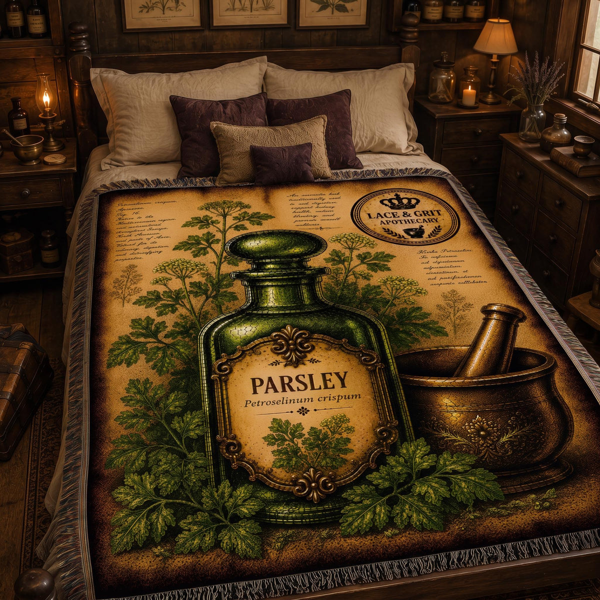 Parsley Woven Throw Blanket, Botanical Apothecary Decor, Cotton Tapestry Throw, English Cottage Herbal Gift