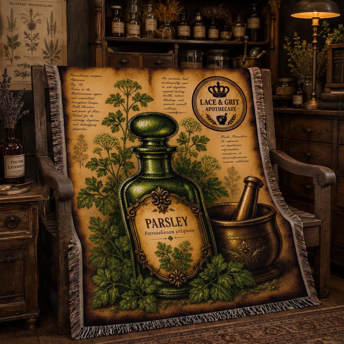 Parsley Woven Throw Blanket, Botanical Apothecary Decor, Cotton Tapestry Throw, English Cottage Herbal Gift