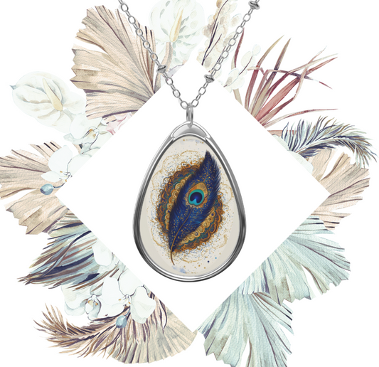 Peacock Feather Necklace – Bohemian Teardrop Pendant with Golden Flourish | Symbolic Nature-Inspired Jewelry for Free Spirits