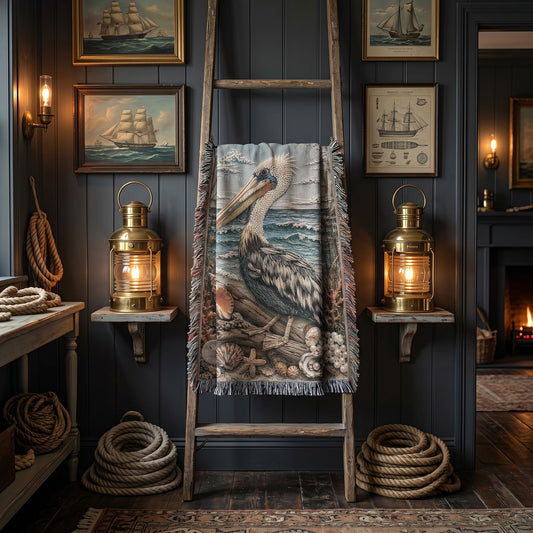 Beaded Look Pelican Woven Blanket | Coastal Cottage Vintage Ocean Decor