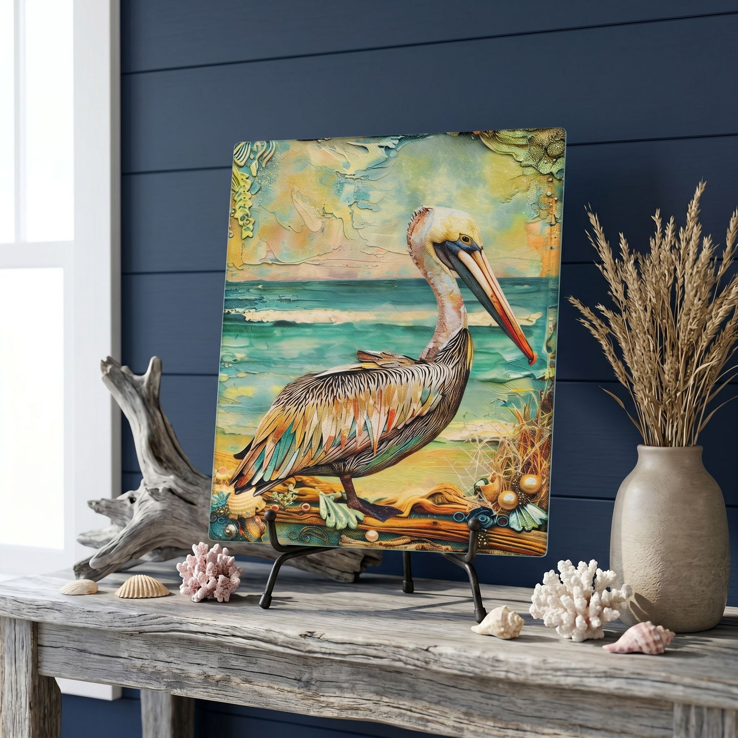 Pelican Glass Art Panel, Tempered Glass Coastal Decor, Beach House Accent