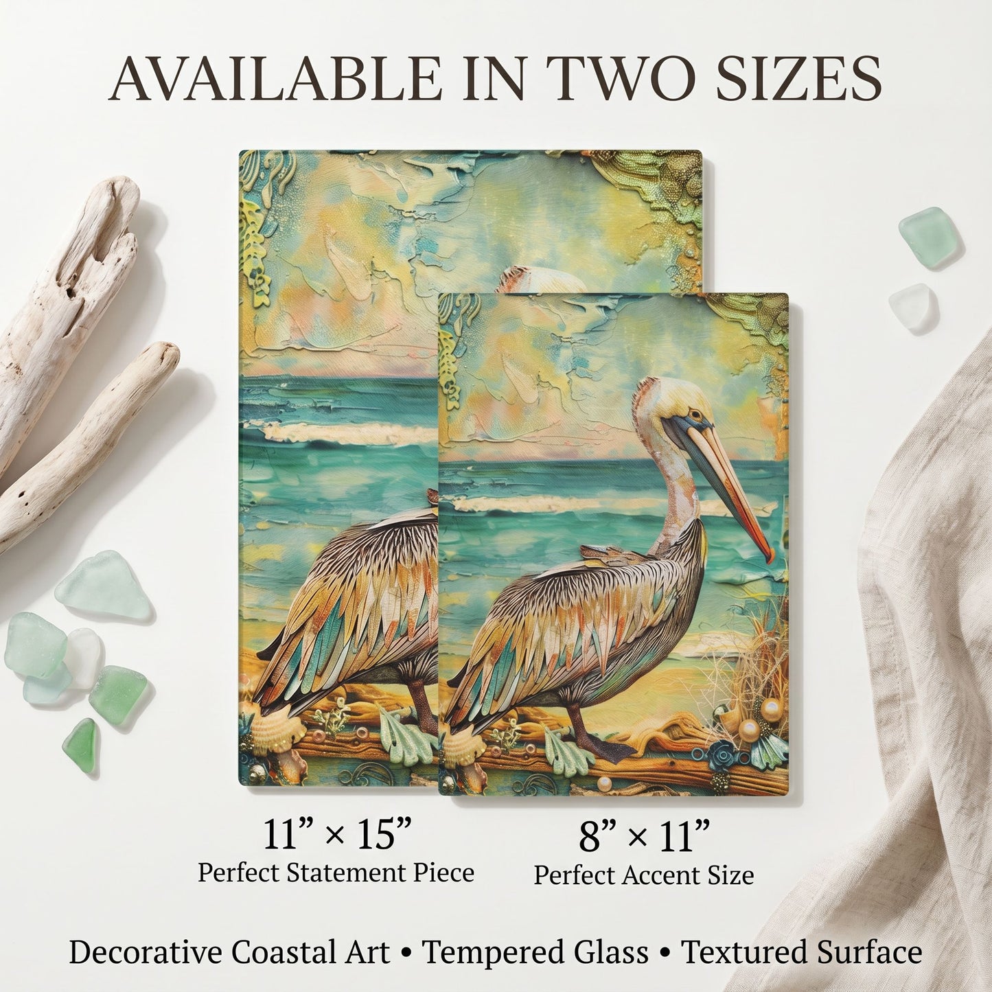 Pelican Glass Art Panel, Tempered Glass Coastal Decor, Beach House Accent