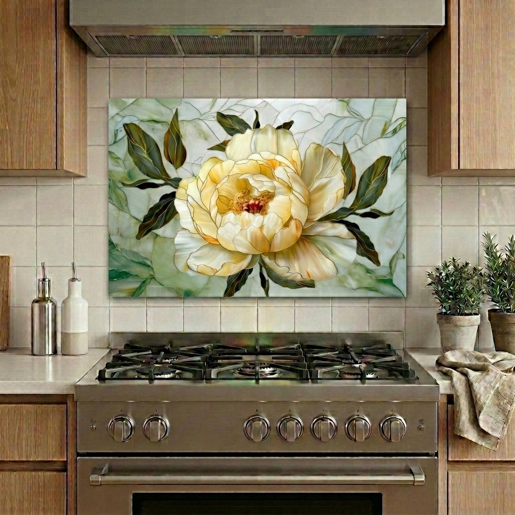 Peony Metal Kitchen Backsplash Panel, Stained Glass Inspired Wall Art